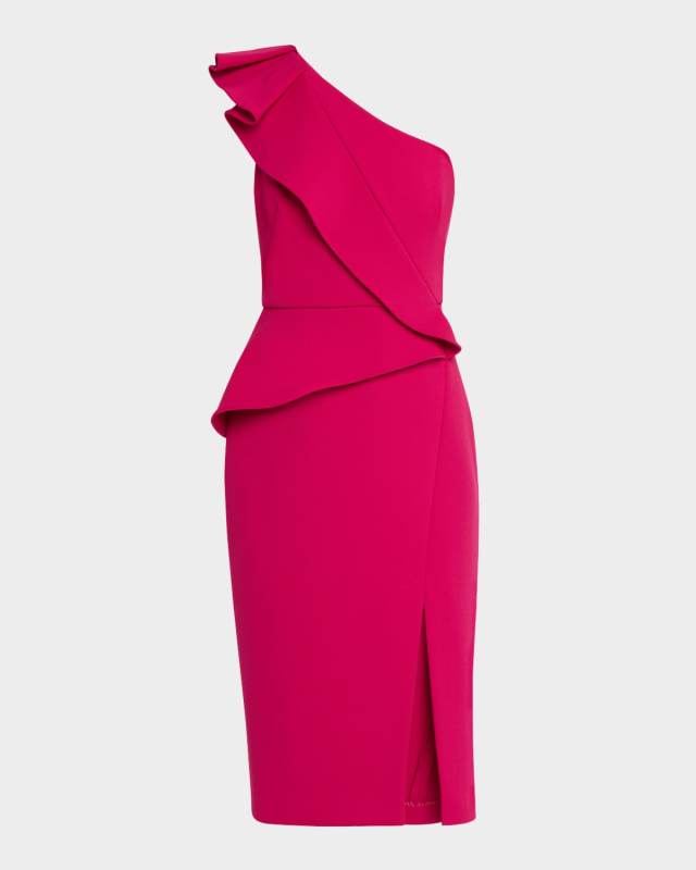 One-Shoulder Ruffle Midi Sheath Dress